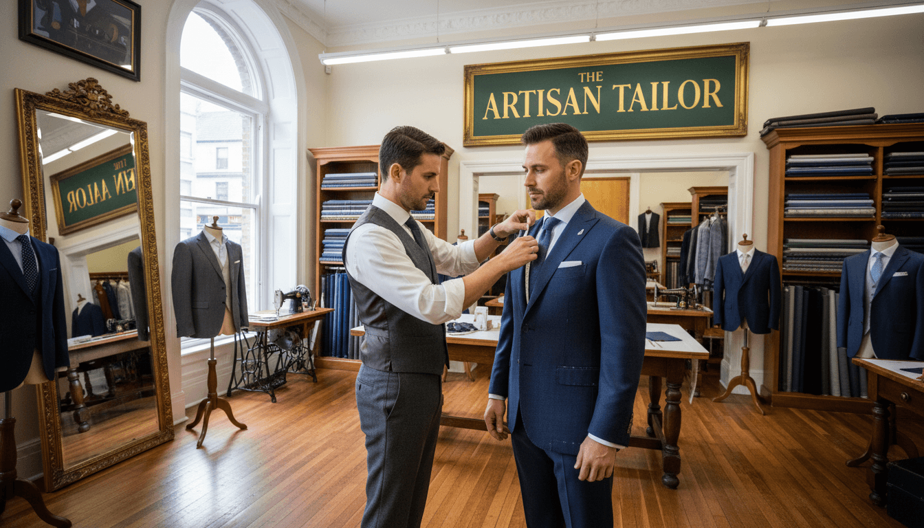 Tailor measuring a suit jacket on a client in a bright tailor shop