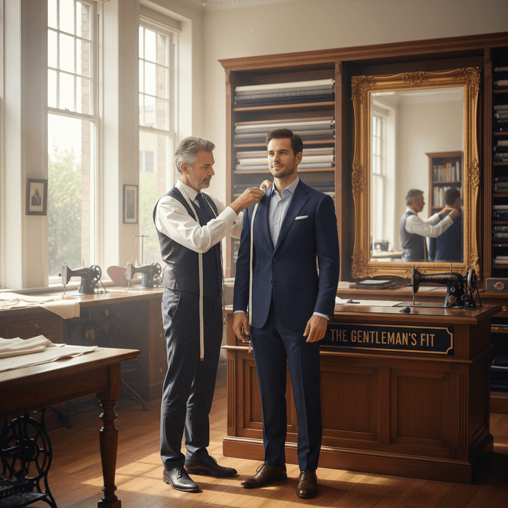 Tailor measuring a client's suit jacket in a bright shop