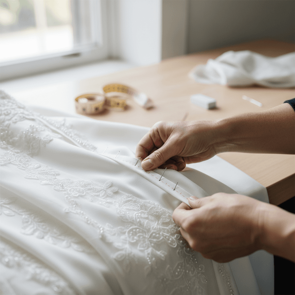 Hands pinning the hem of a formal dress on a dress form