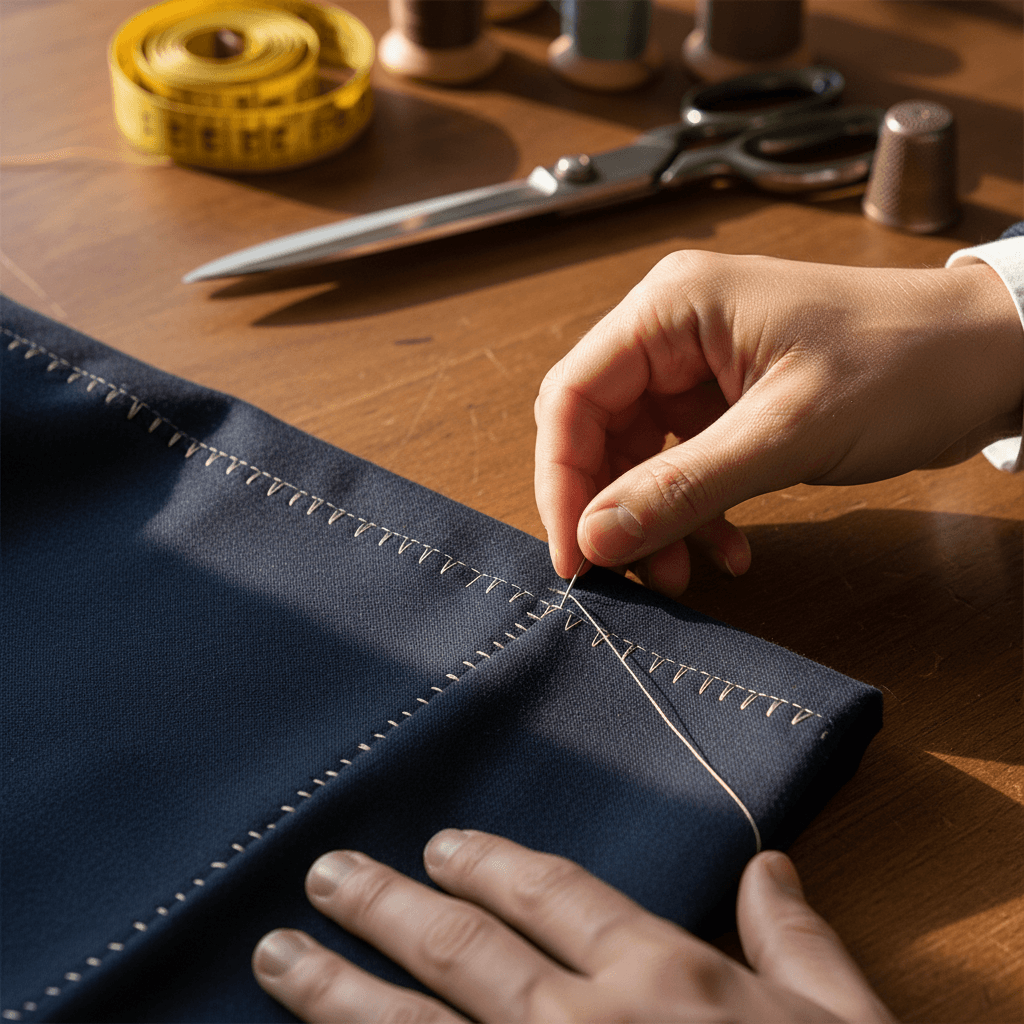 Tailor working on a suit with a needle and thread in a workshop
