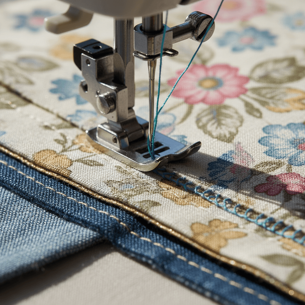 Close-up of needle and thread stitching fabric