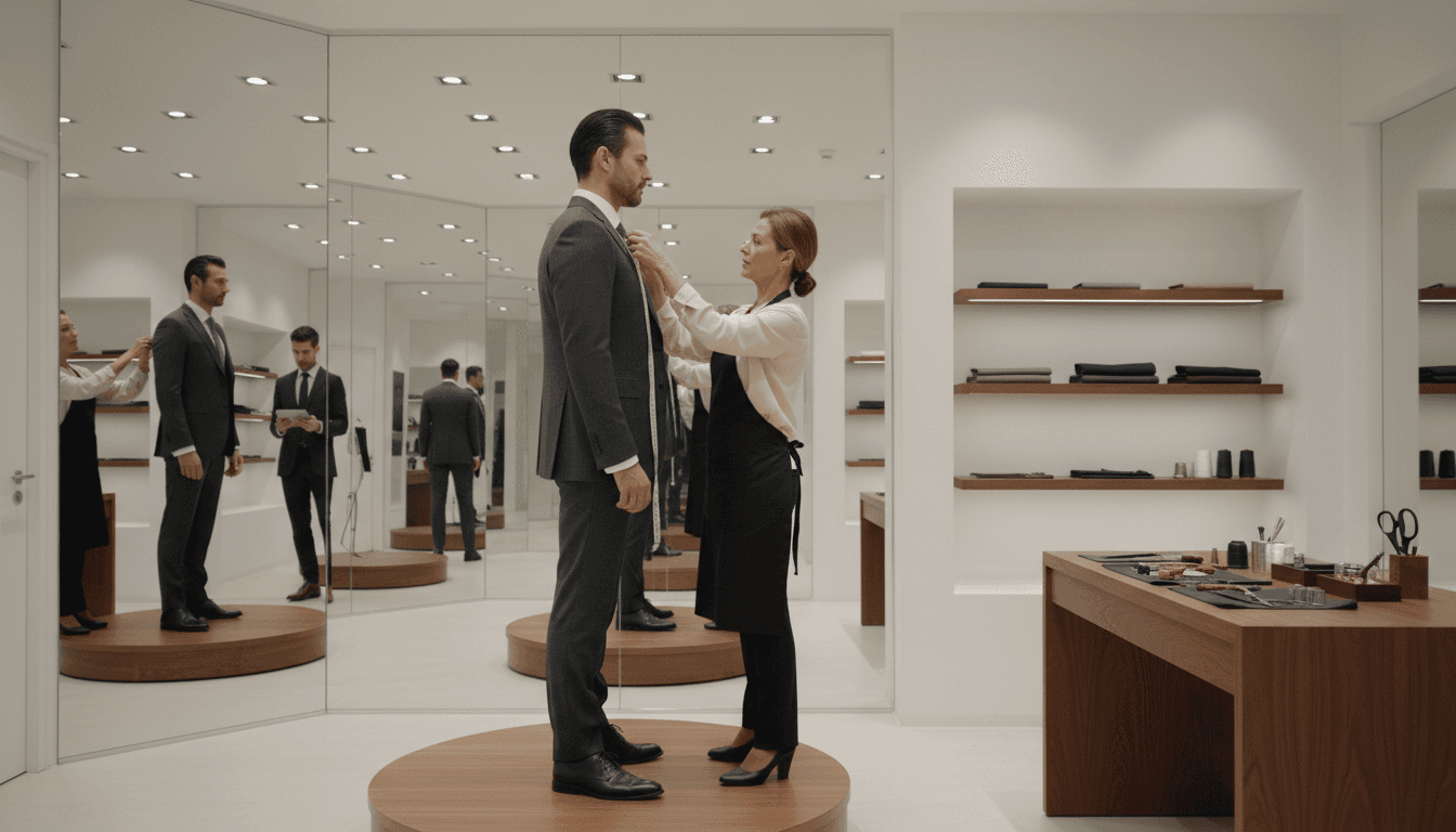 Tailor measuring a suit jacket on a client during a fitting