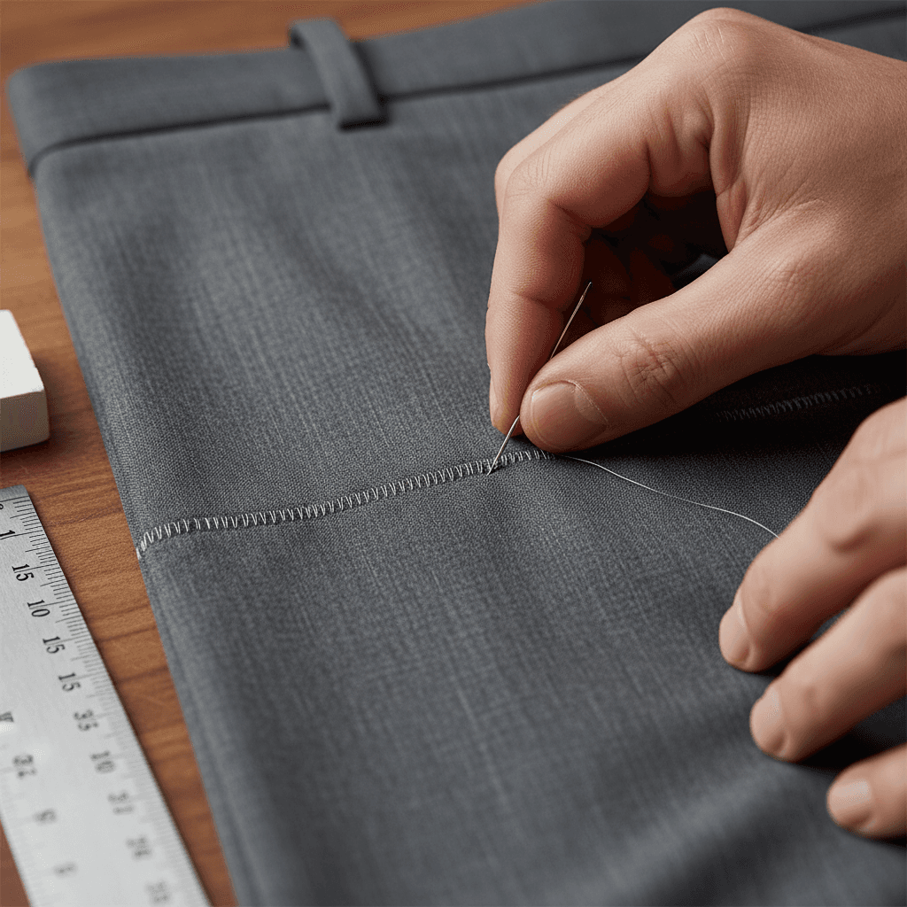 Tailor sewing a dark wool coat on a sewing machine